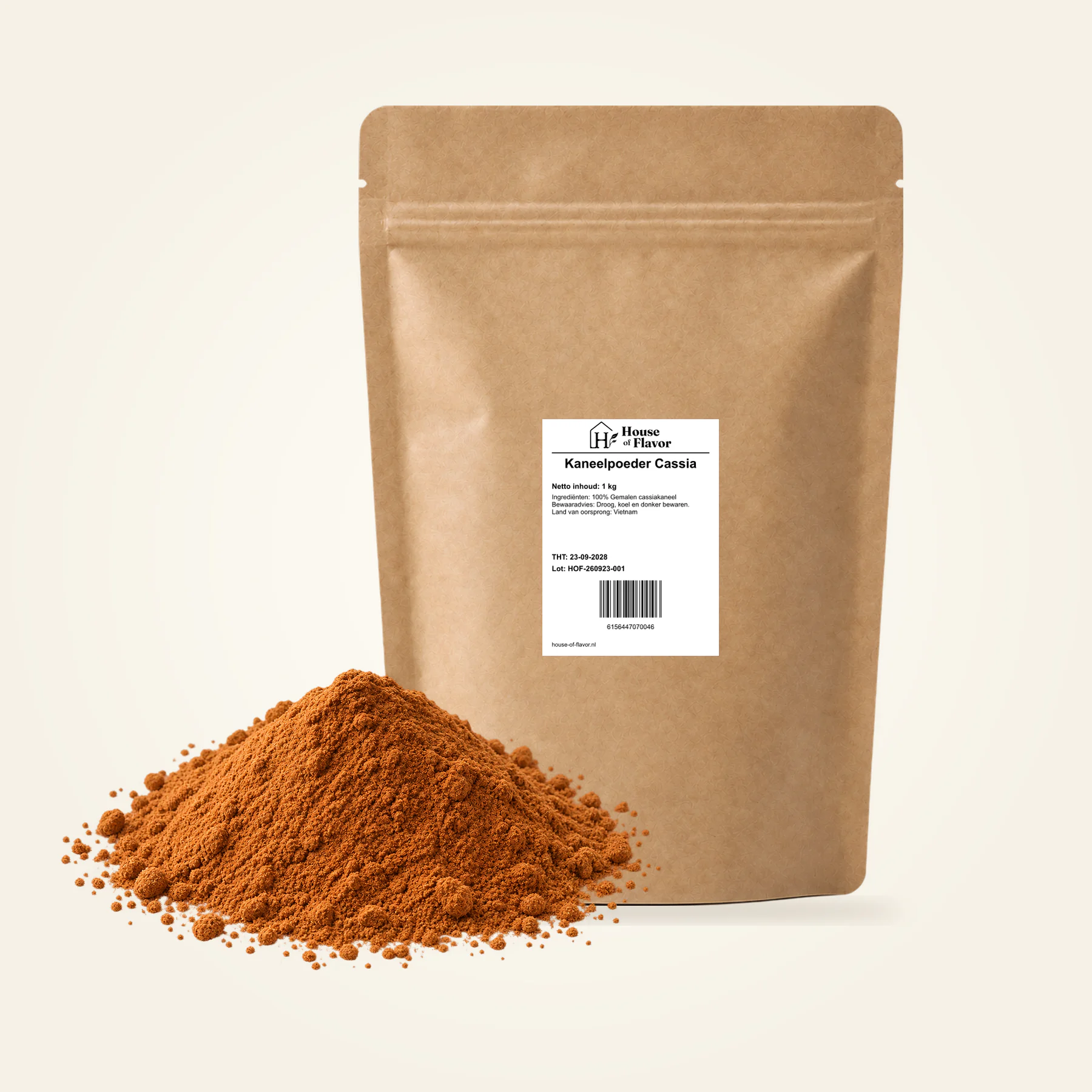 Kaneelpoeder Cassia — navulzak 1.000 g met het product op de voorgrond