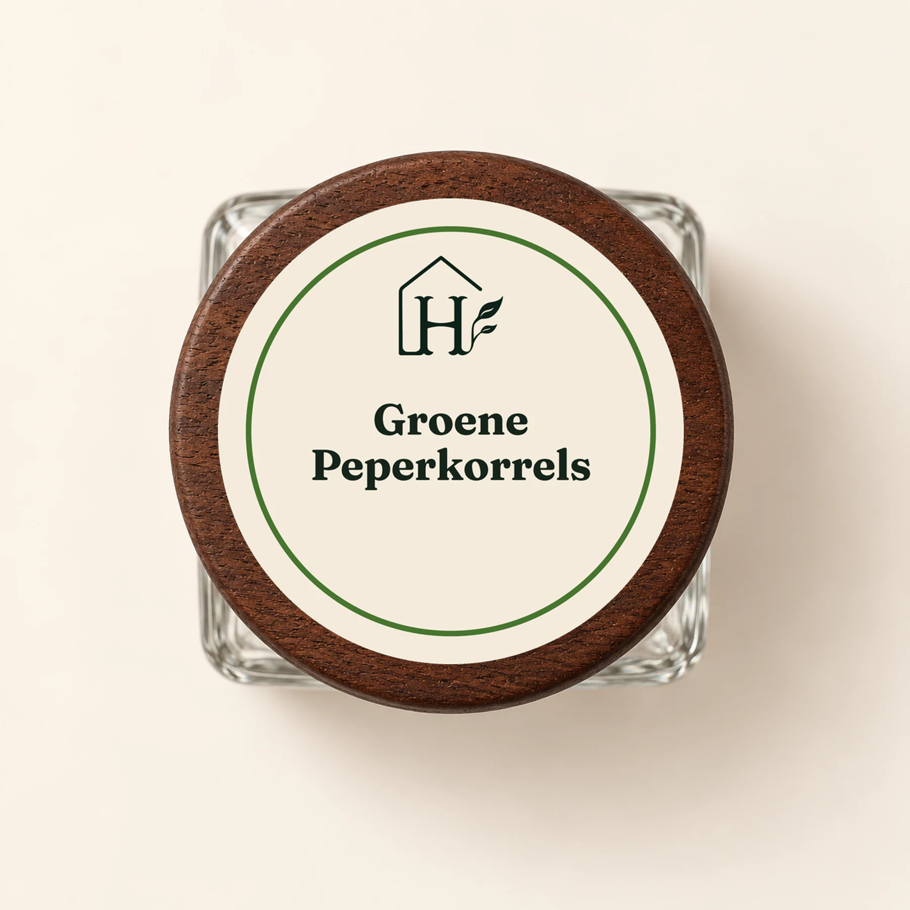 Groene Peperkorrels — dopetiket van bovenaf