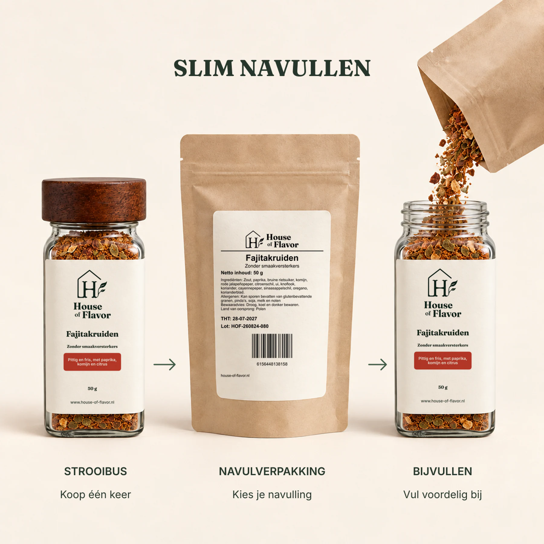 Fajitakruiden zonder toegevoegde smaakversterkers — navulverpakking en bijvullen