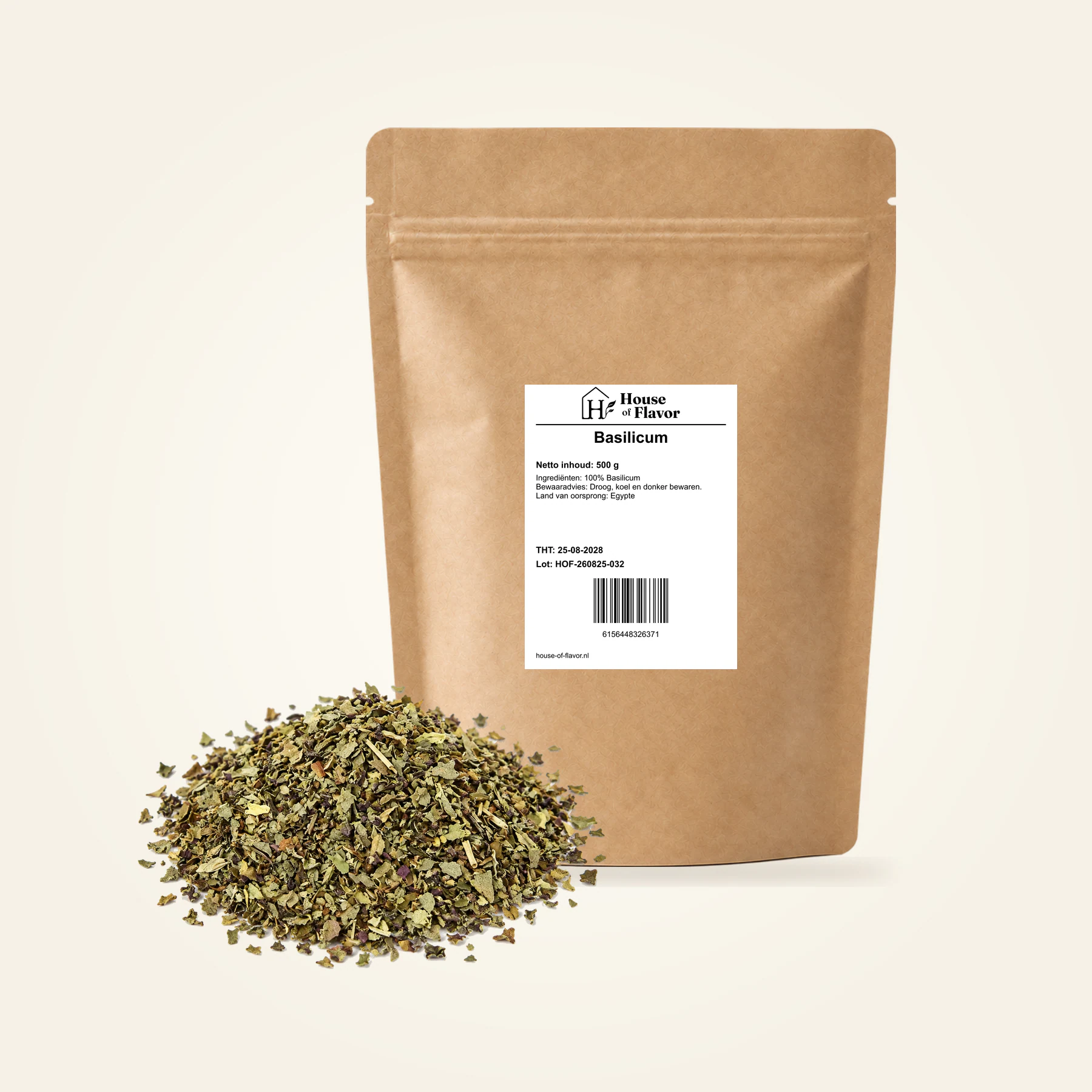 Basilicum — navulzak 500 g, met kruiden op de voorgrond