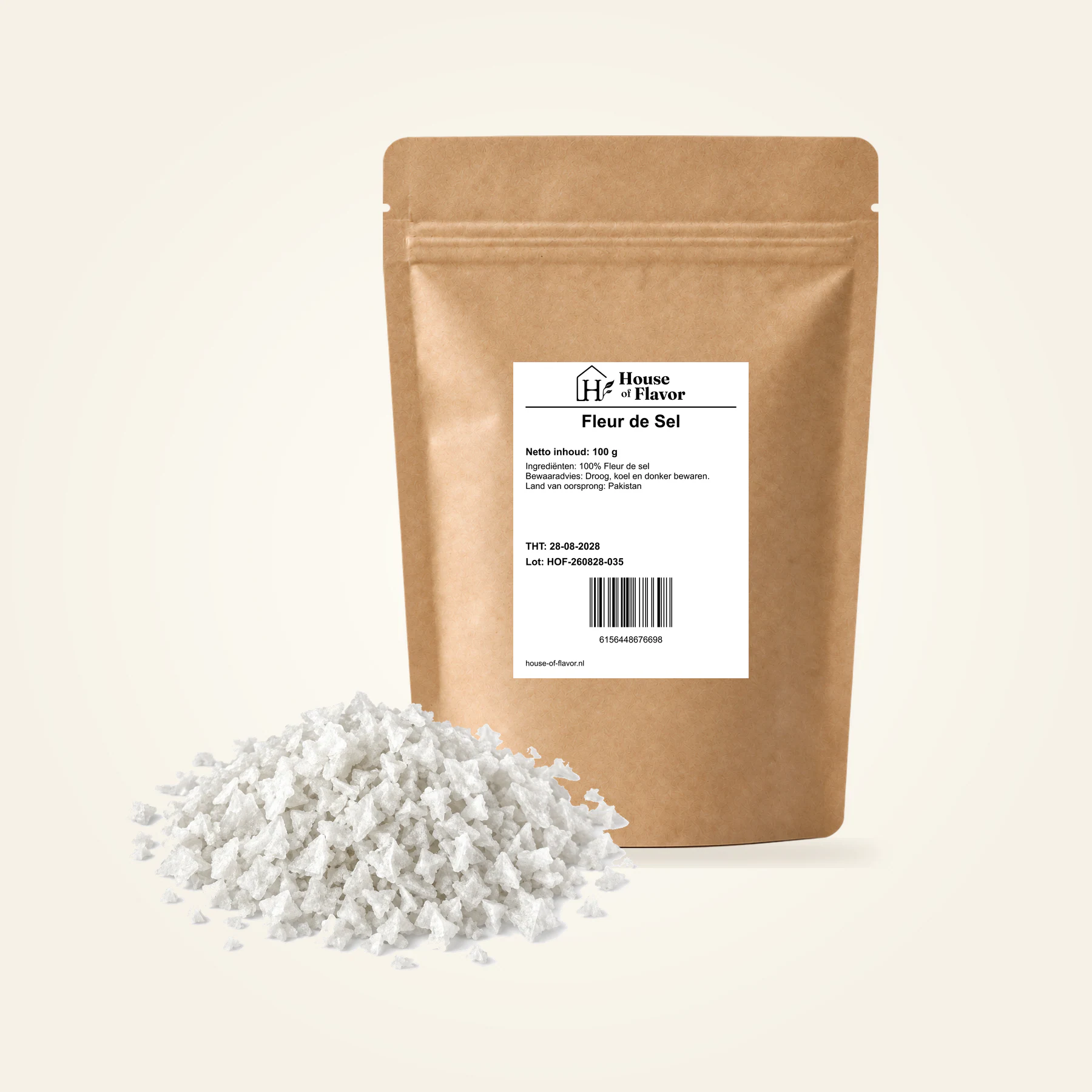 Fleur de Sel — navulzak 100 g, met kruiden op de voorgrond