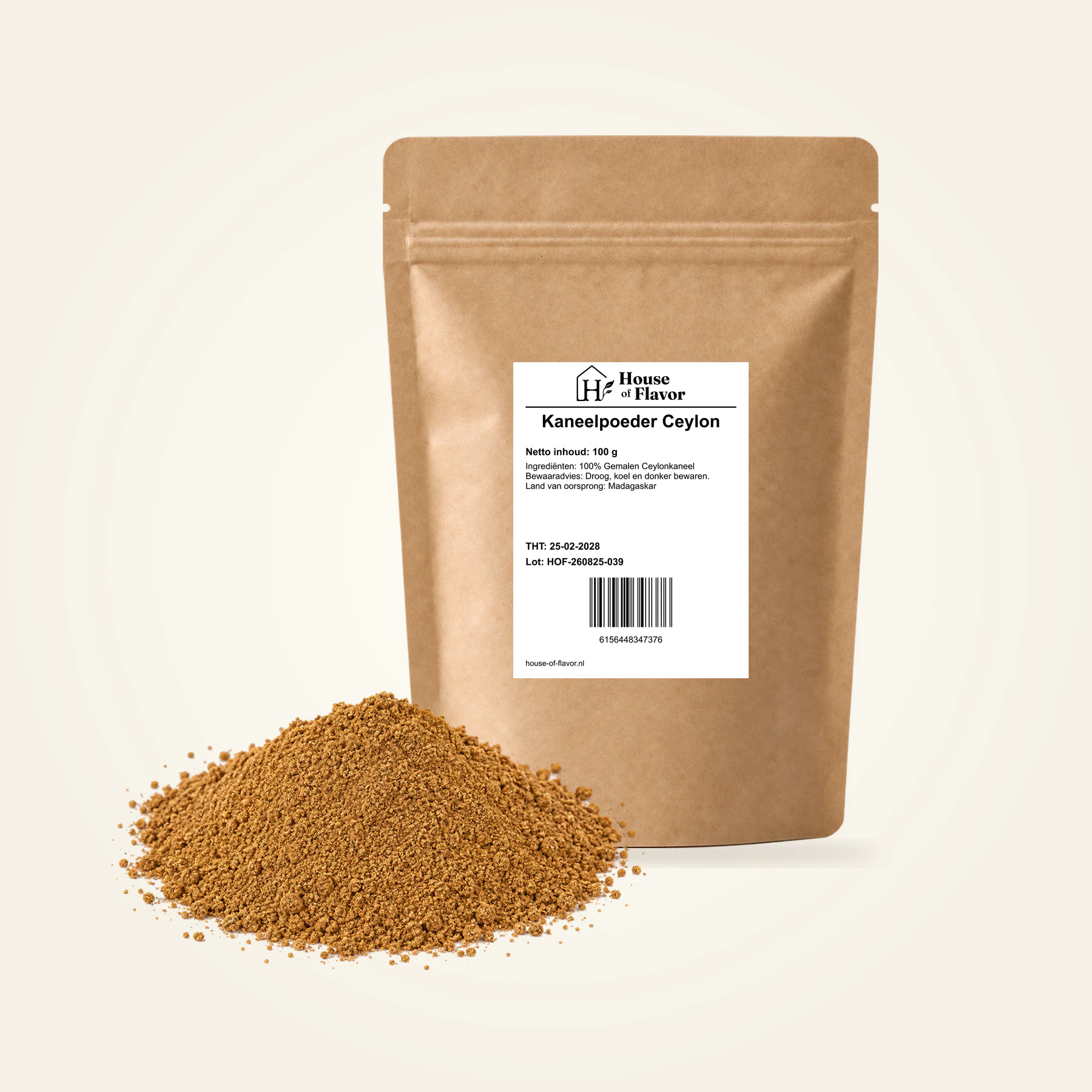 Kaneelpoeder Ceylon — navulzak 100 g, met kruiden op de voorgrond