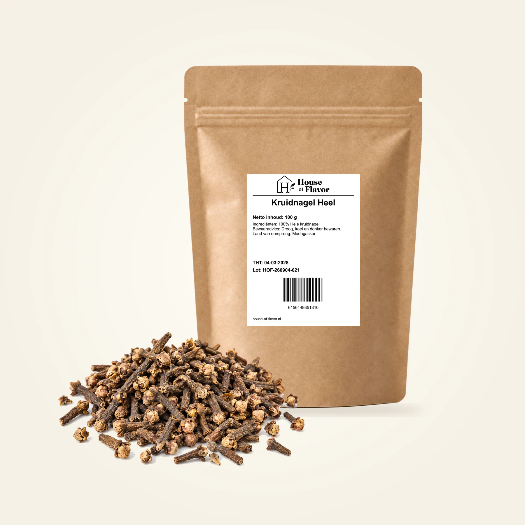 Kruidnagel Heel — navulzak 100 g, met kruiden op de voorgrond
