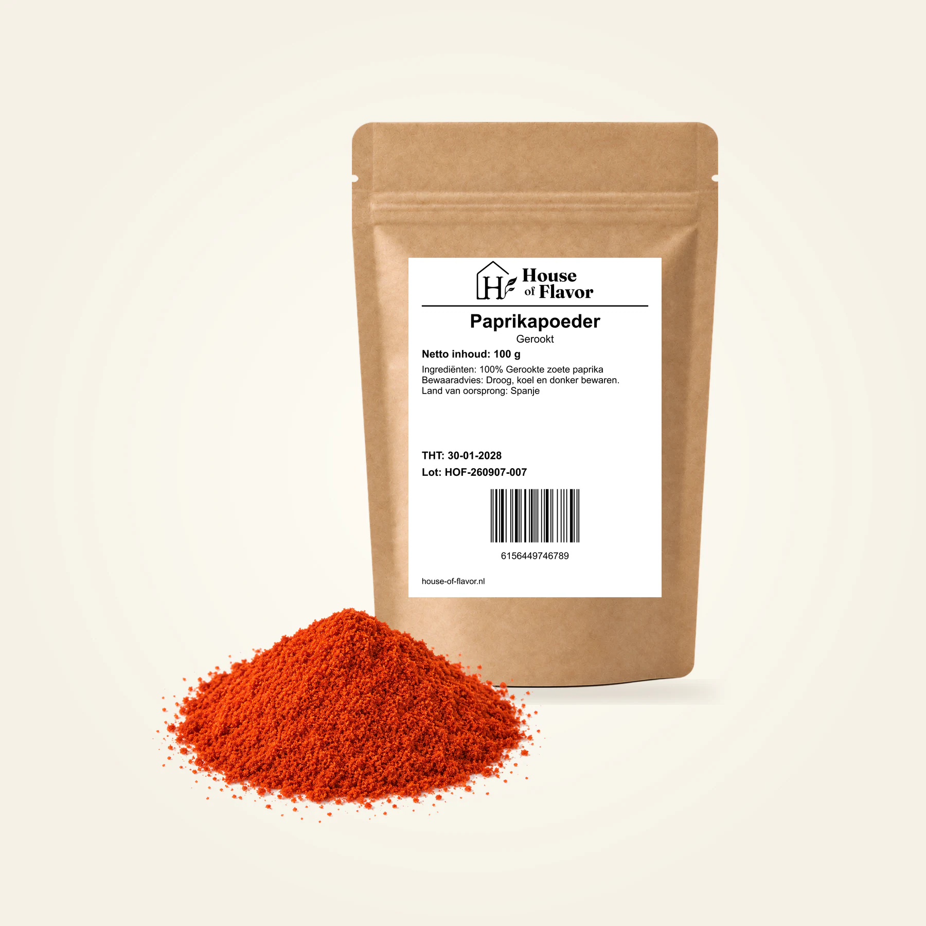 Gerookt Paprikapoeder — navulzak 100 g, met kruiden op de voorgrond