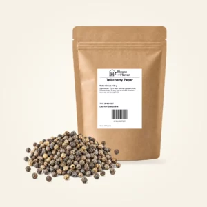 Tellicherry Peper — navulzak 100 g, met kruiden op de voorgrond