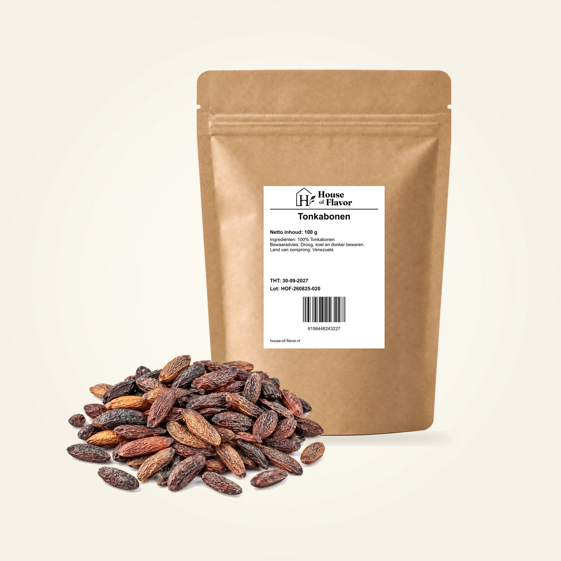 Tonkabonen — navulzak 100 g, met kruiden op de voorgrond