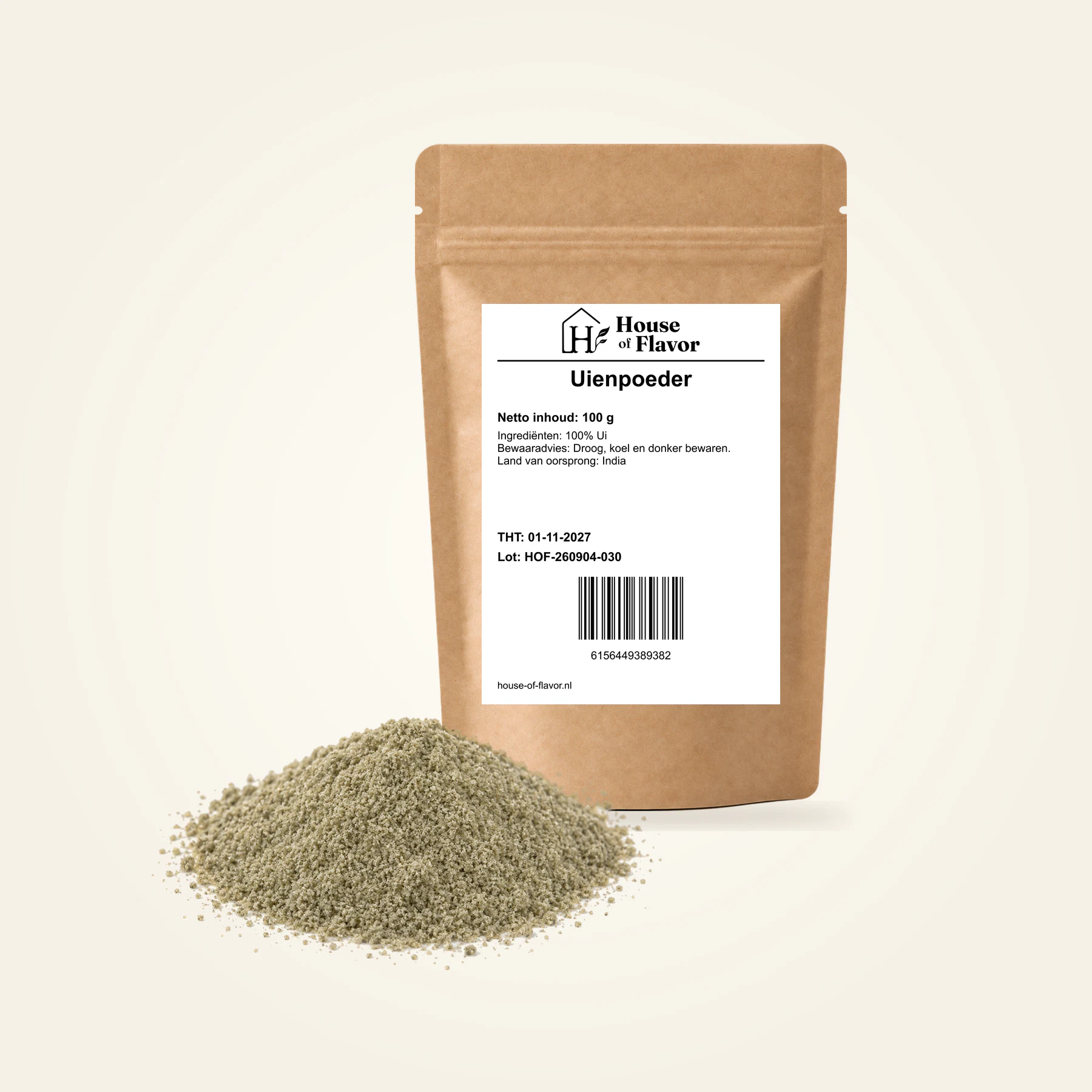 Uienpoeder — navulzak 100 g, met kruiden op de voorgrond