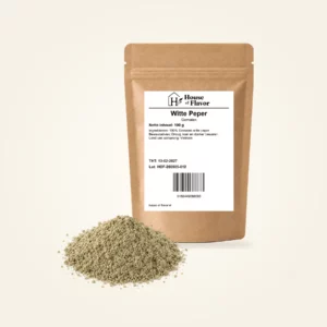 Witte Peper Gemalen — navulzak 100 g, met kruiden op de voorgrond