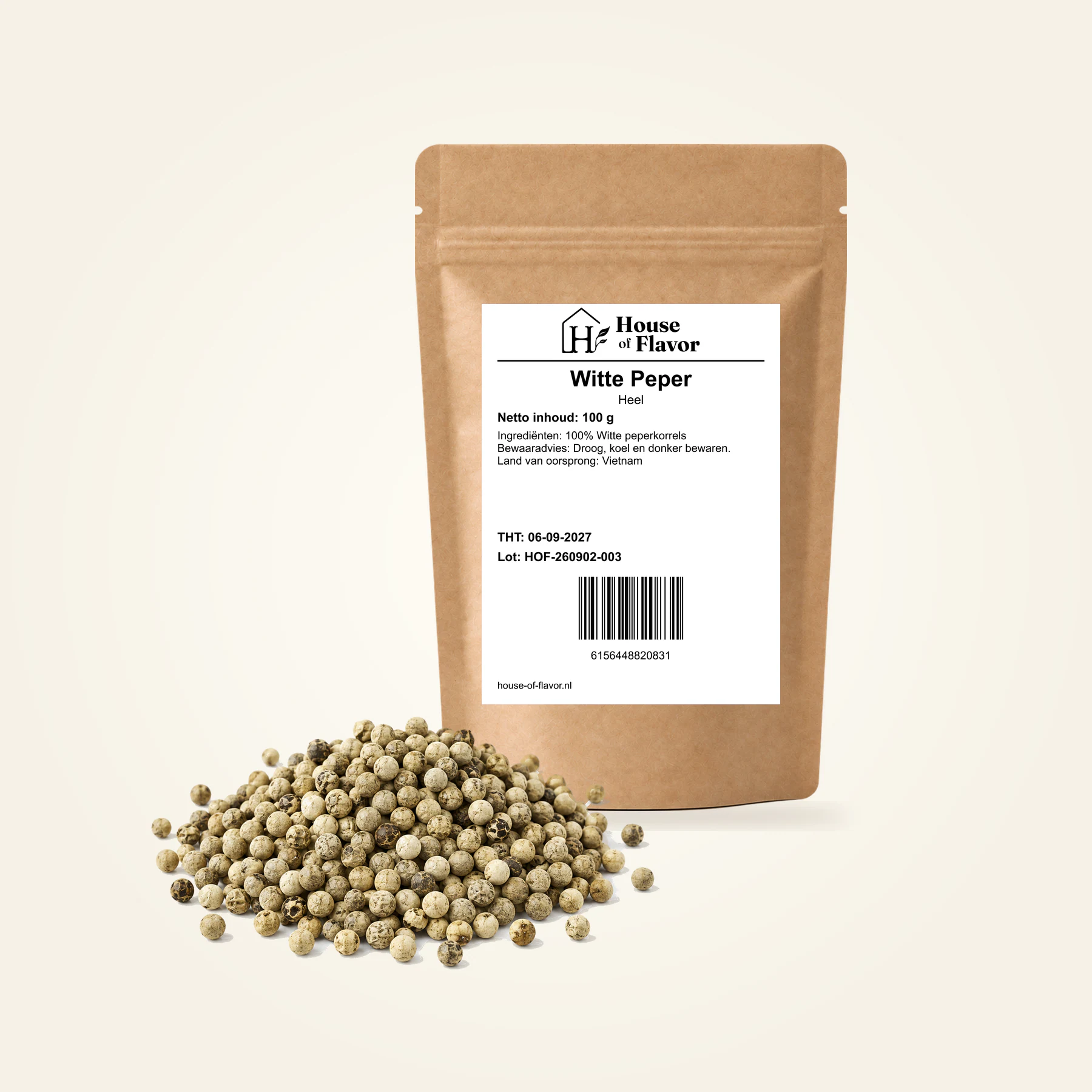 Witte Peper Heel — navulzak 100 g, met kruiden op de voorgrond