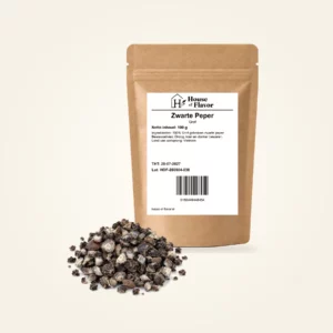 Zwarte Peper Grof — navulzak 100 g, met kruiden op de voorgrond