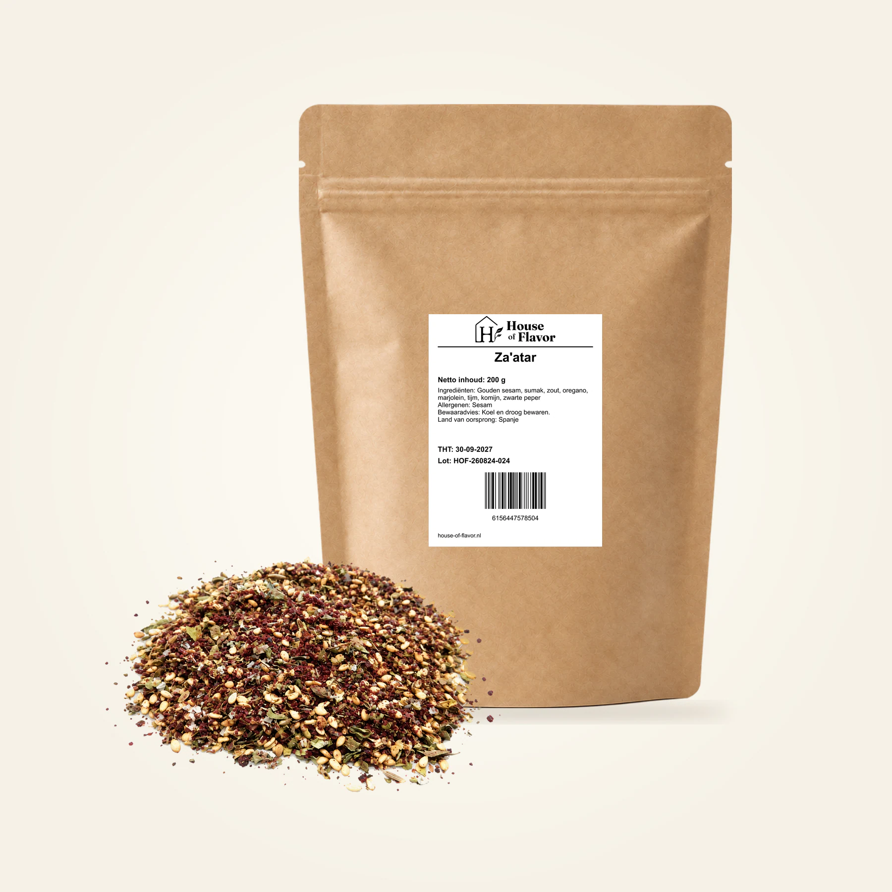Za'atar — navulzak 200 g, met kruiden op de voorgrond