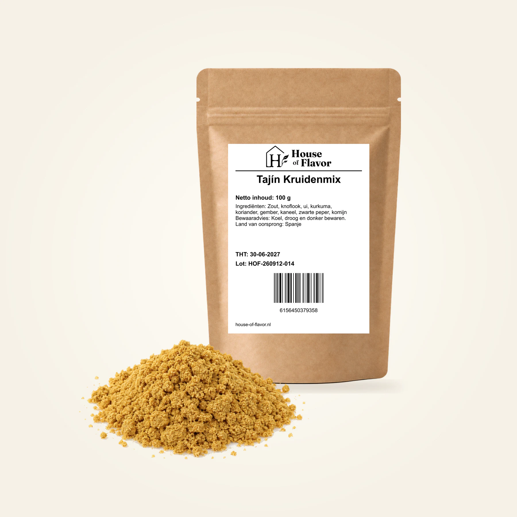 Tajín Kruidenmix — navulzak 100 g, met kruiden op de voorgrond