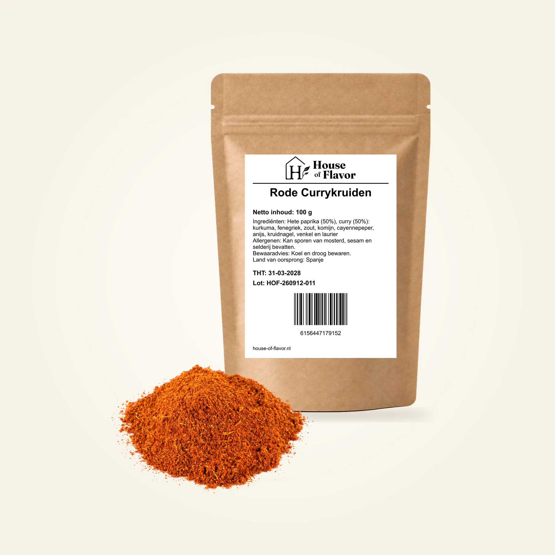Rode Currykruiden — navulzak 100 g, met kruiden op de voorgrond