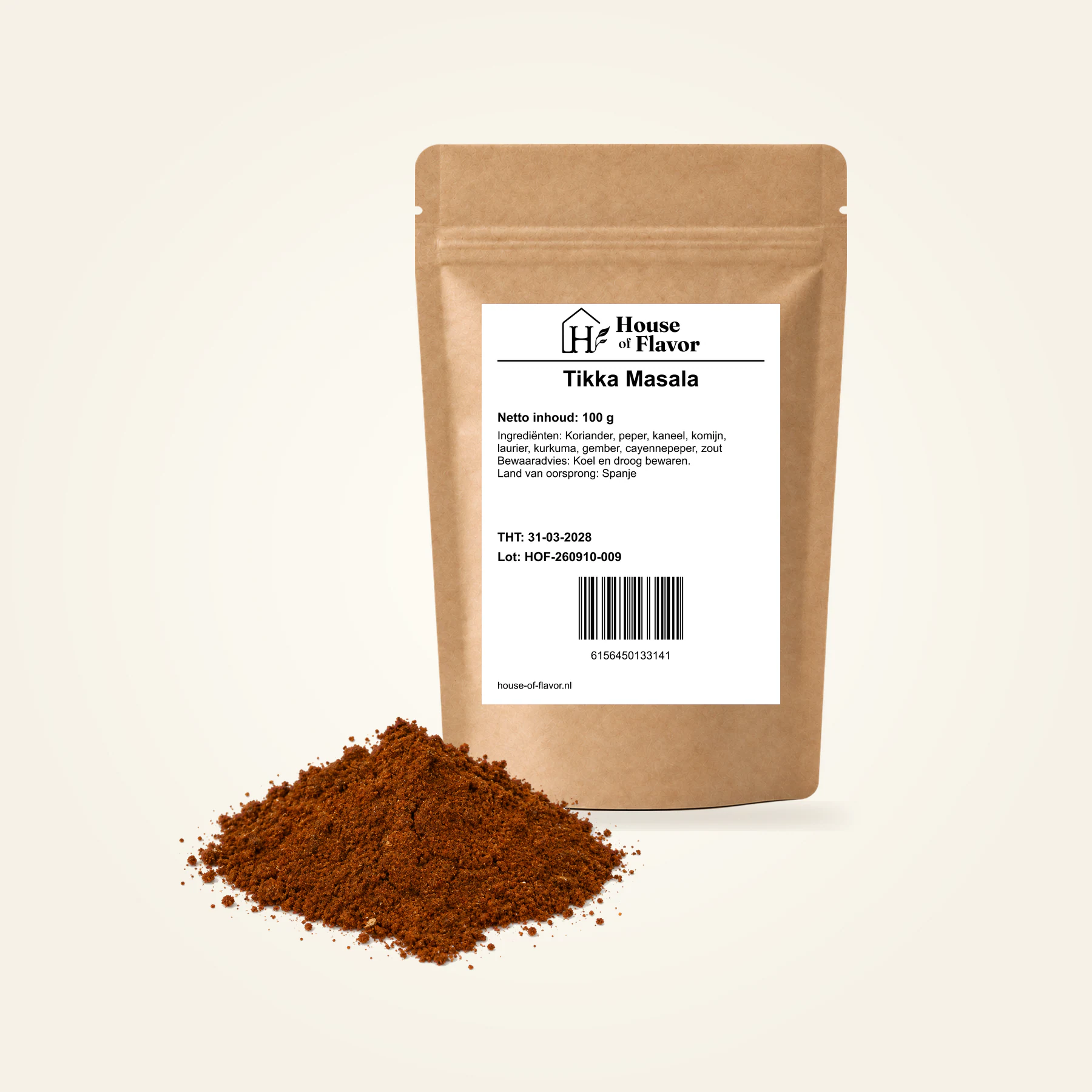 Tikka Masala — navulzak 100 g, met kruiden op de voorgrond