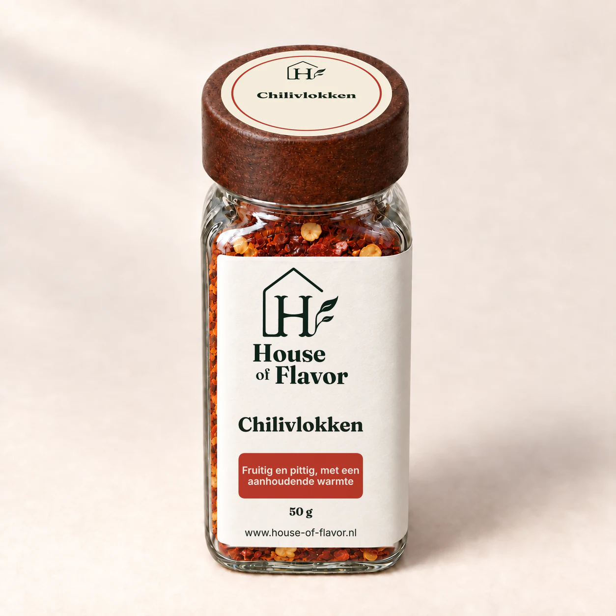 Chilivlokken — strooibus 50 g, met dopetiket