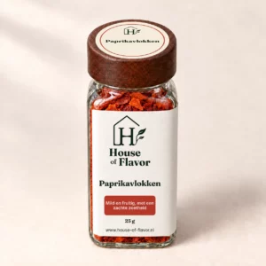 Paprikavlokken — strooibus 25 g, met dopetiket