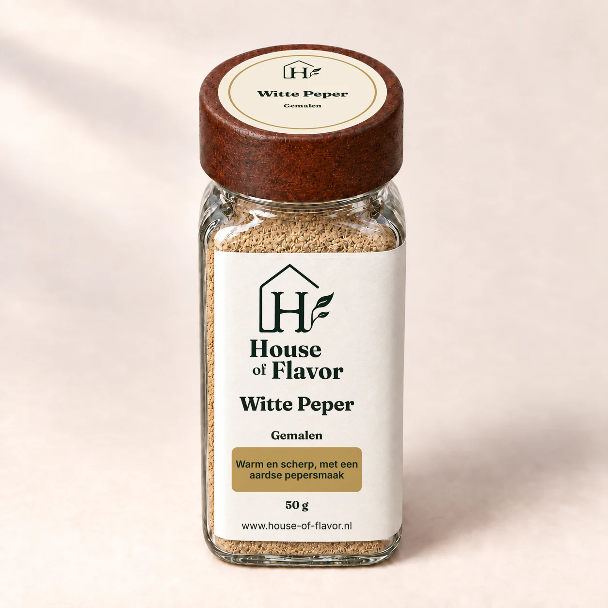 Witte Peper Gemalen — strooibus 50 g, met dopetiket